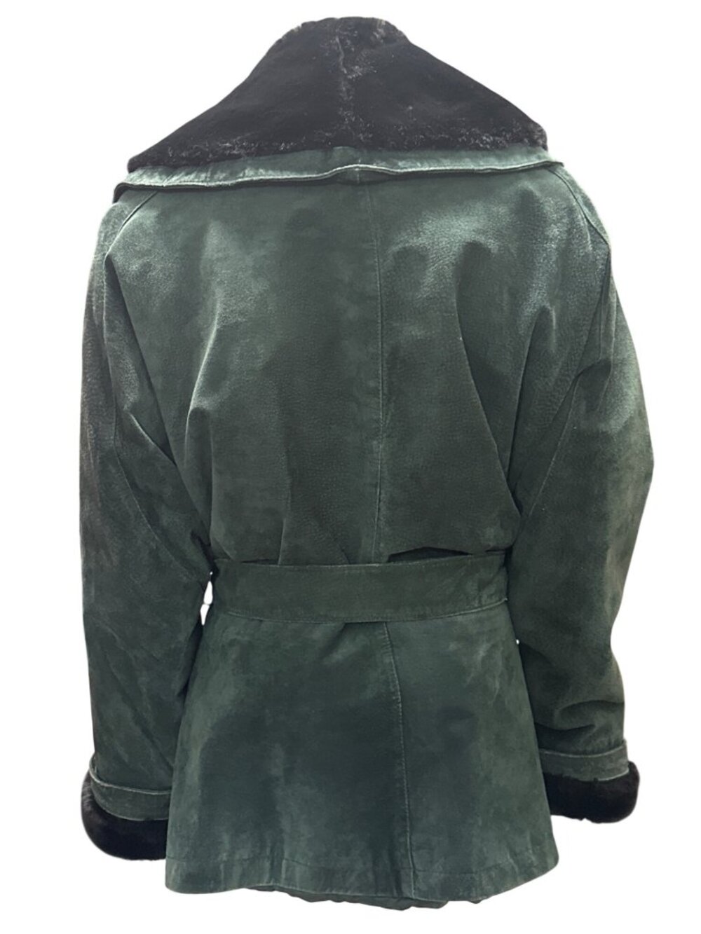 Wilsons Size L Green Suede Leather Faux Fur Shawl Collar Belted Coat Vintage Y2K - Picture 4 of 11
